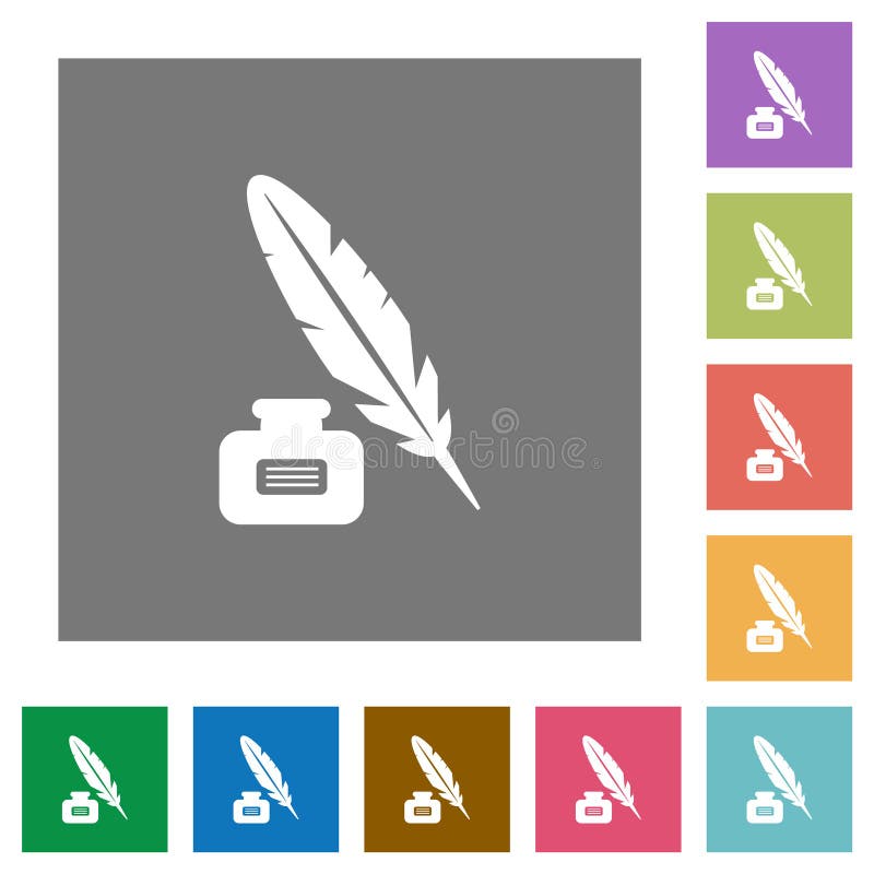 Feather and ink bottle with label square flat icons vector illustration