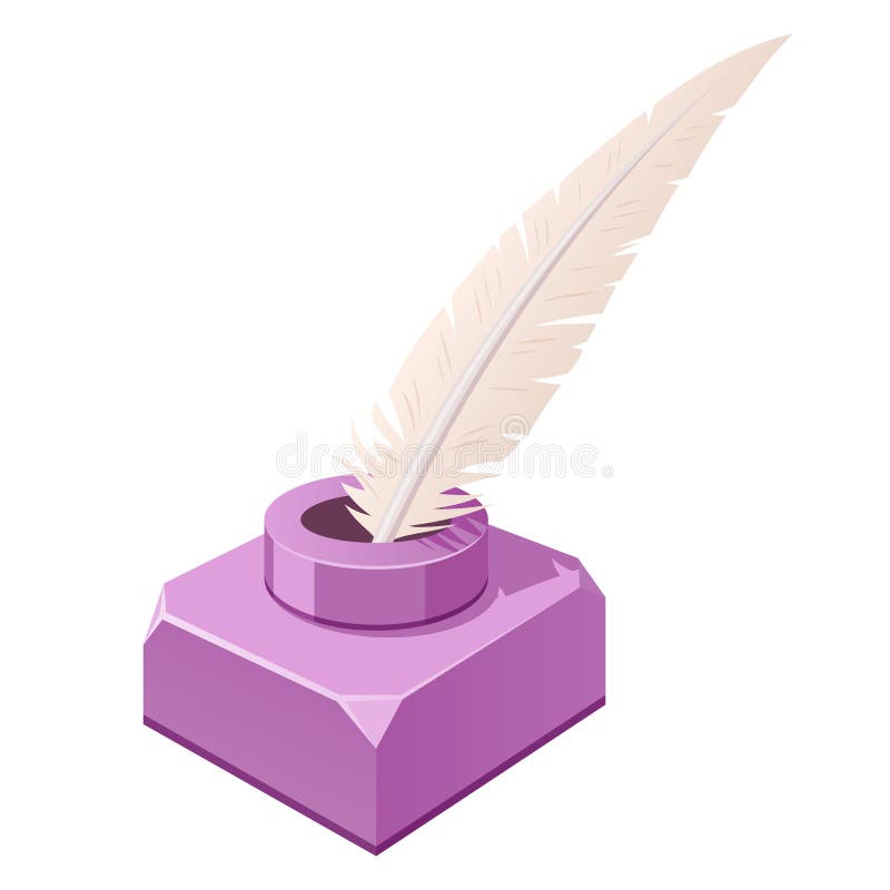 Feather and inkwell purple. Writing implements. Quill pen and square container, jar for holding ink.