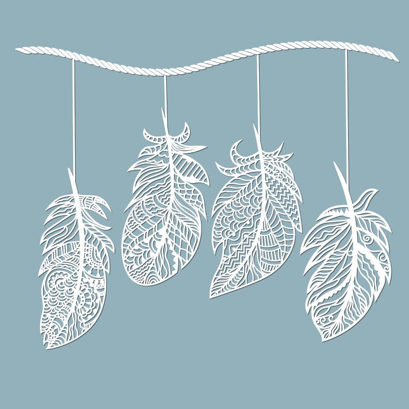 Feather. Laser cut. Feathers on a string. Template for laser cutting and Plotter. Vector illustration. Sticker. Pattern for the royalty free illustration Feather. Laser cut. Feathers on a string. Template for laser cutting and Plotter. Vector illustration. Sticker. Pattern for the royalty free illustration