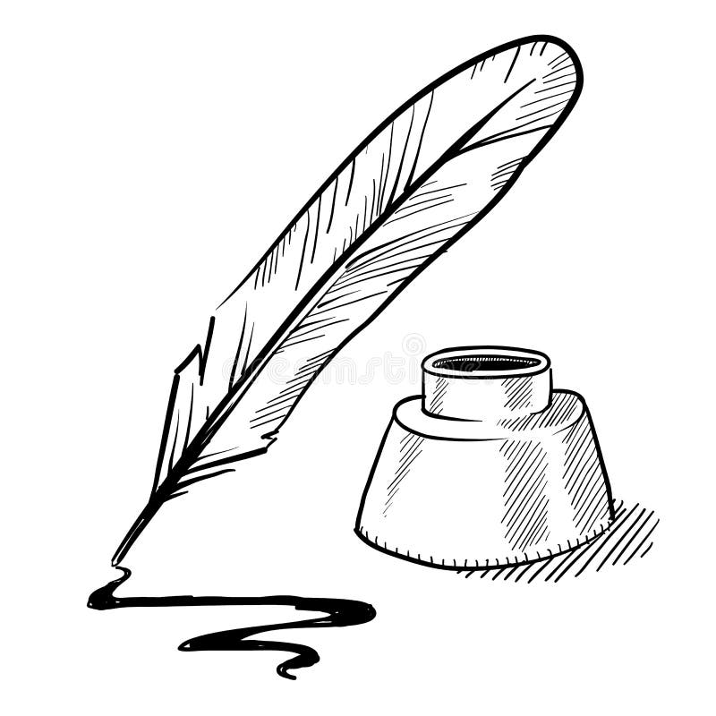 Feather Pen and Inkwell Drawing Stock Vector - Illustration of document
