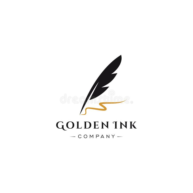 Feather Quill Pen Golden Ink Logo , Vintage Fountain Pen Logo with Gold ...