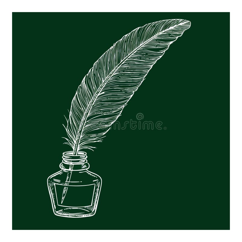 Feather quill pen and ink flasche vintage Schreibwerkzeug Vintage Vintage Vektor Illustration grünen Hintergrund stock abbildung