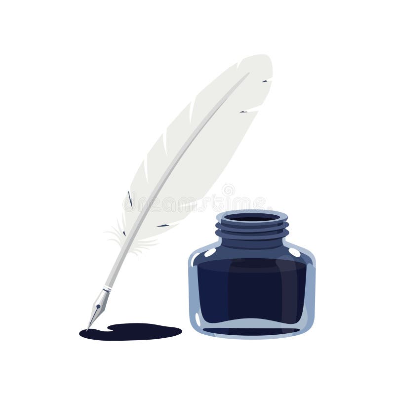 Feather Quill Pen mit Tinte Flasche Klassisches Schreibwerkzeug Illustration Digitale Kunst stock abbildung
