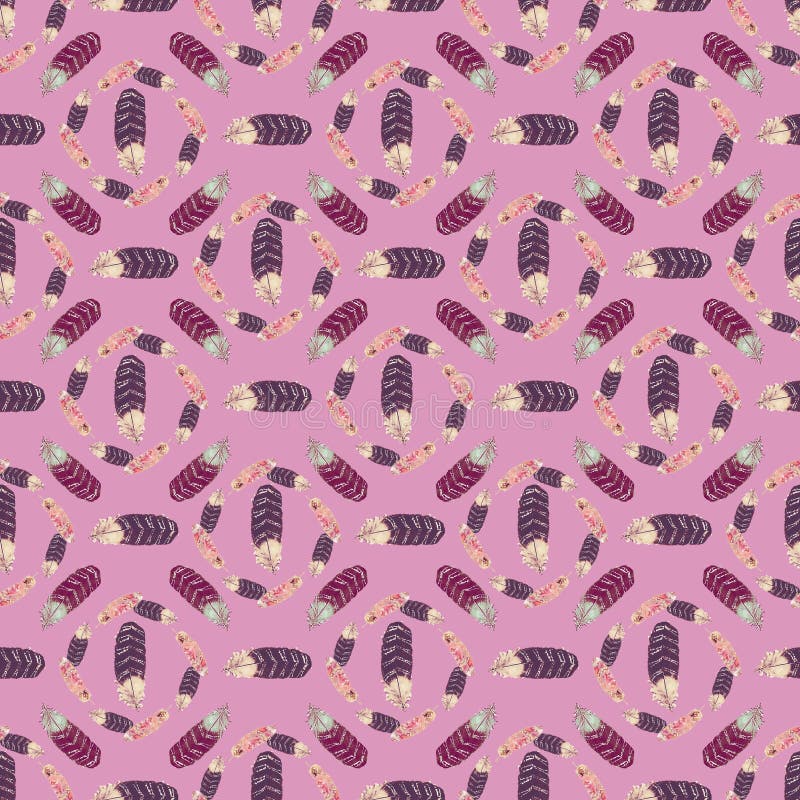 Feather wreath repeat seamless pattern in pink and purple