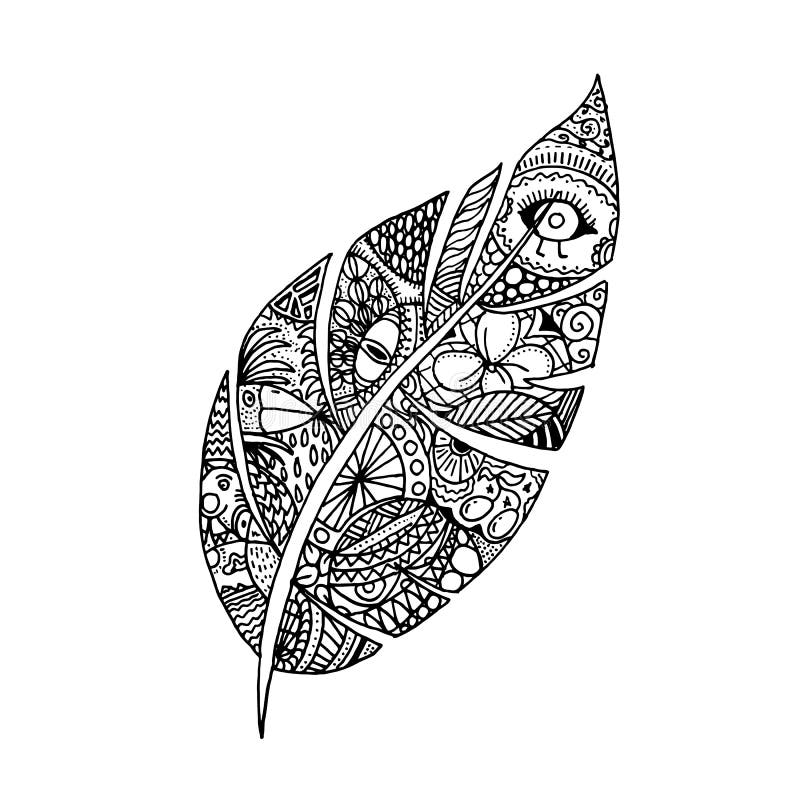 Feather in Zentangle Style. Ornamental Fill. Hand Drawn Doodle Sketch ...