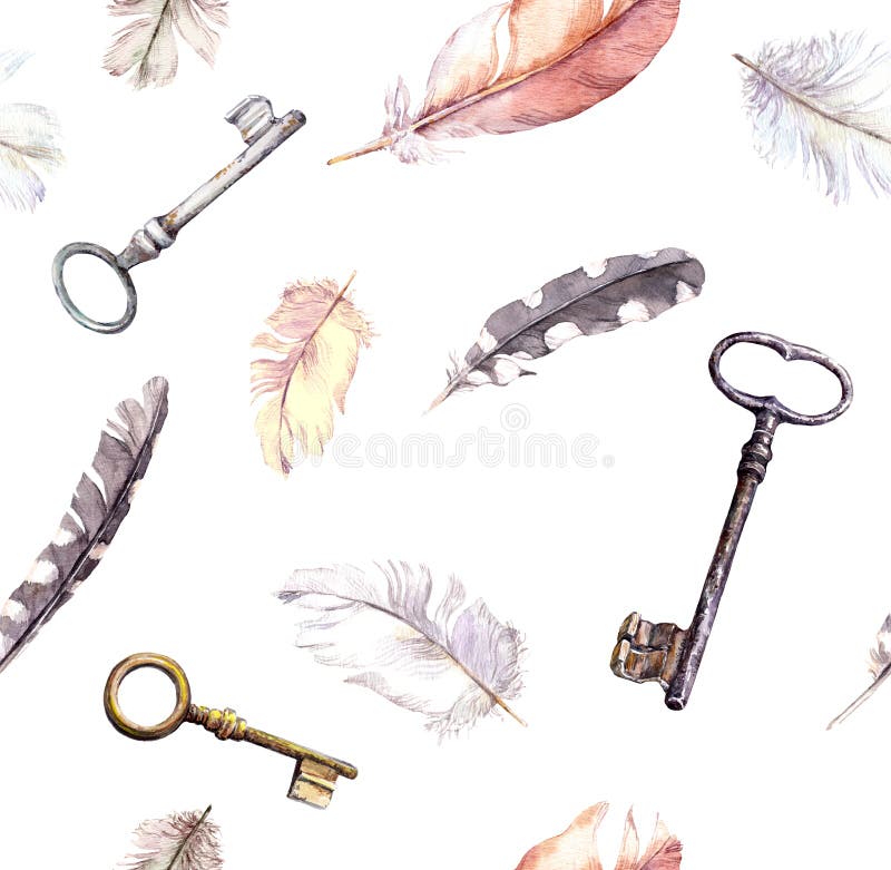 Feathers and keys pattern. Water color repeated boho background