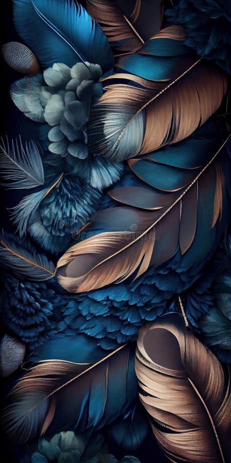 Feathers texture bright vertical abstract background. Creative feather pattern. AI generated artistic vertical template for design. Collage print with decorative feather texture, modern art.