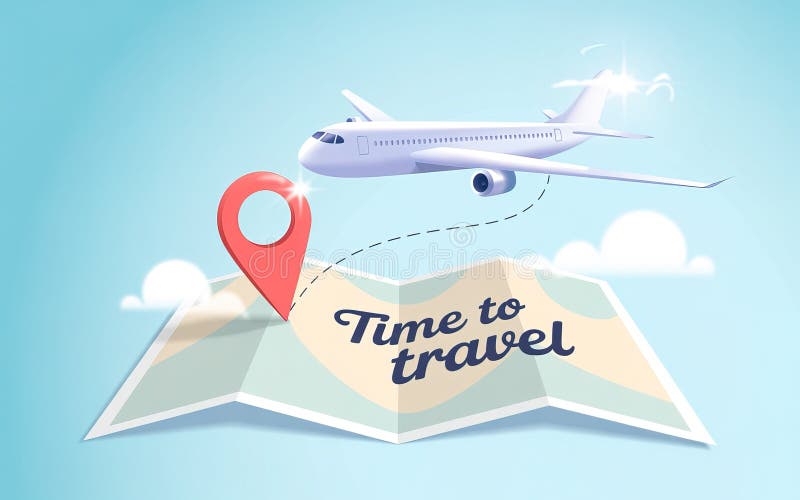 Aircraft and Red Pin Flying Above Open Map with Time to Travel in Blue Sky royalty free illustration