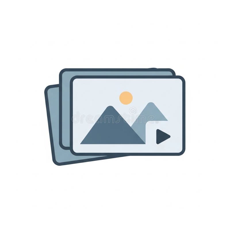 Features a stack of rectangular cards, each displaying a simple landscape royalty free illustration