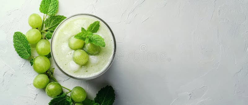 Featuring a fruity yoghurt smoothie with minty grape slices, this design provides ample copy space for summer designs. stock photos