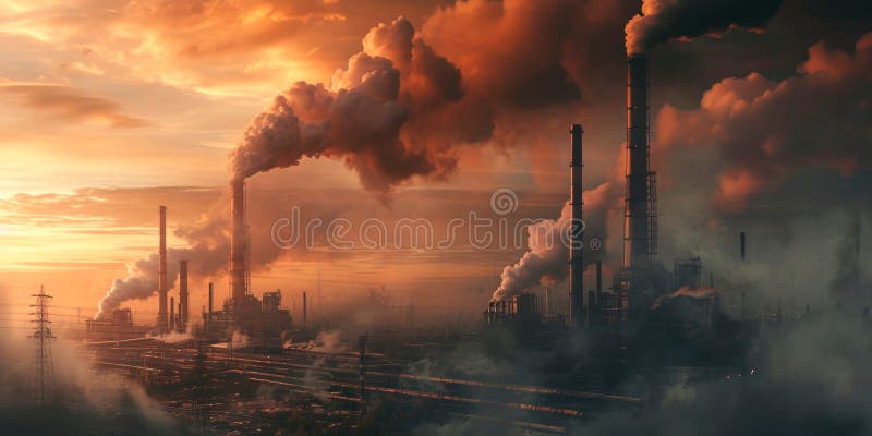 Featuring a gritty industrial landscape with towering smokestacks and a network of pipelines against a moody sky royalty free illustration