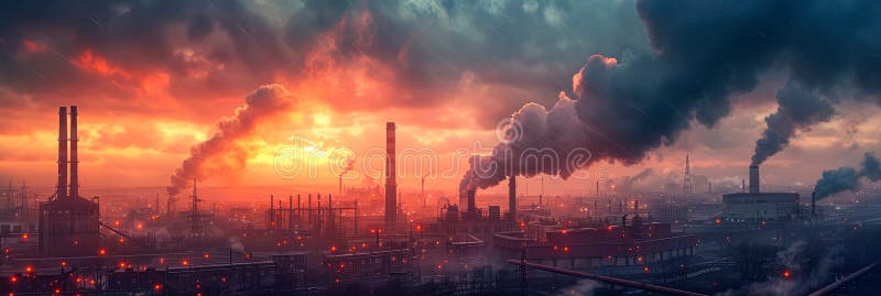 Featuring a gritty industrial landscape with towering smokestacks and a network of pipelines against a moody sky vector illustration