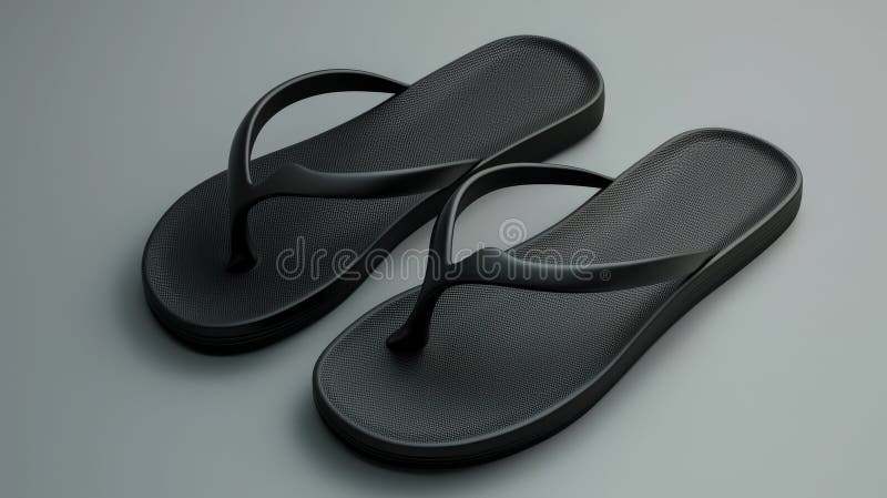 Featuring a realistic 3D mockup of black beach slippers each with a flip flop, this template showcases flipflops for the beach.. AI generated