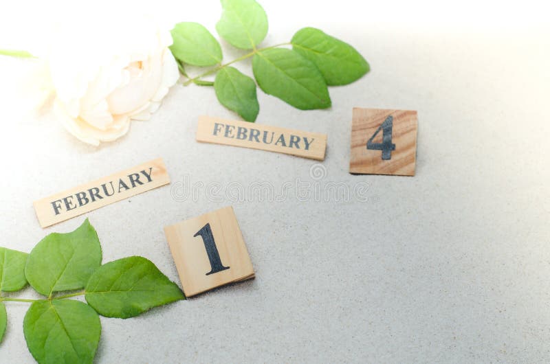 Februari 14, träkalender med rosblomman på sandbakgrund royaltyfri fotografi Februari 14, träkalender med rosblomman på sandbakgrund royaltyfri fotografi