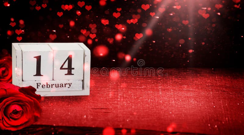 February 14, background with calendar, RosÃ©s and hearts for Valentine`s Day. February 14, background with calendar, RosÃ©s and hearts for Valentine`s Day