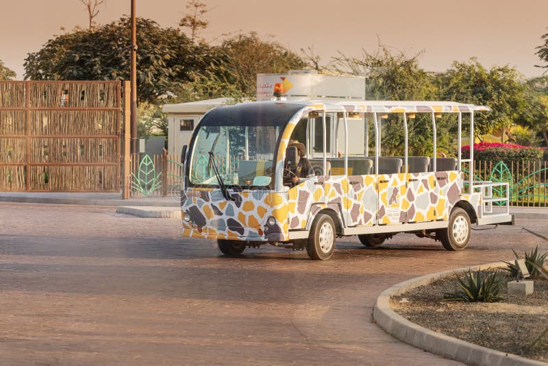 23 February 2021, Dubai, UAE: Guided safari bus rides on an asphalt road in Dubai`s famous nature Park and Zoo