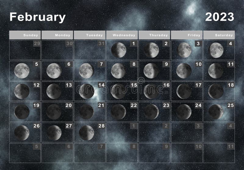 February 2023 Lunar Calendar, Moon Cycles Stock Illustration ...