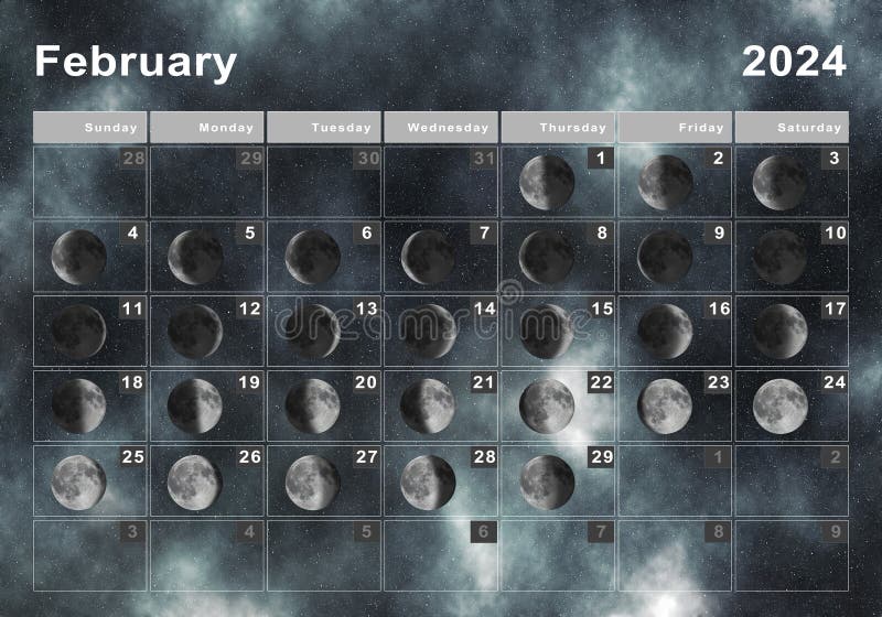 February 2024 Lunar Calendar, Moon Cycles Stock Illustration ...