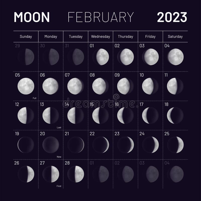 February Lunar Calendar for 2023 Year, Monthly Cycle Planner Stock ...