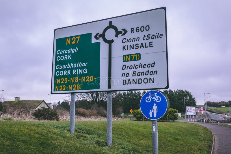 February 10th, 2018, Cork, Ireland - Cork International Airport: road signs outside the airport. February 10th, 2018, Cork, Ireland - Cork International Airport: road signs outside the airport