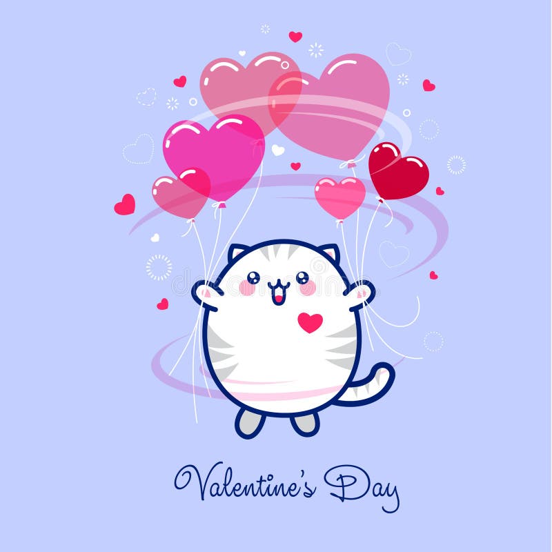 February 14, Valentine`s Day. Kawaii Cute Kitten with Balloons . Stock  Vector - Illustration of rabbit, valentines: 112902173