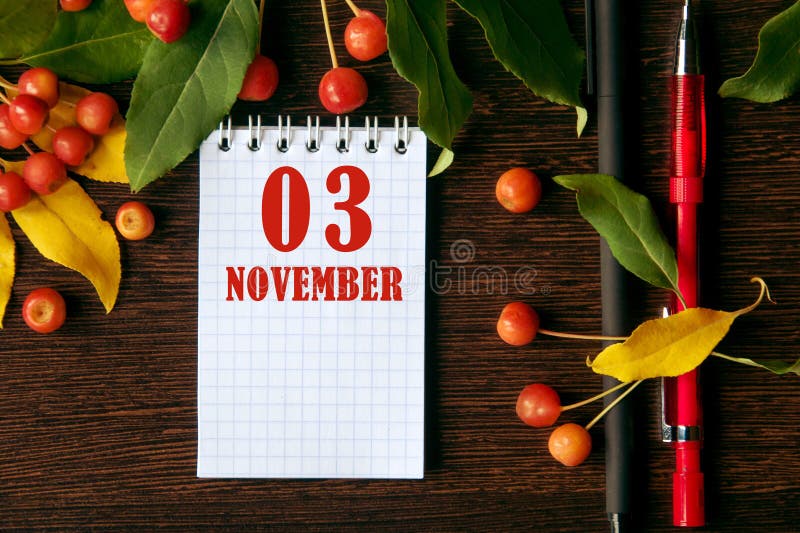 calendar date on wooden dark desktop background with autumn leaves and small apples. November 3 is the third day of the month. calendar date on wooden dark desktop background with autumn leaves and small apples. November 3 is the third day of the month.