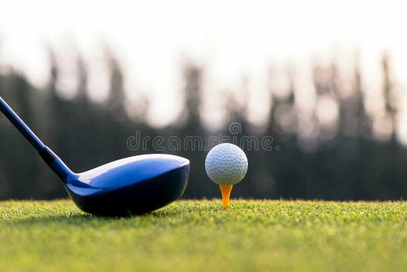 Close up golf ball and driver, player doing golf swing tee off on the green sunset evening time, presumably does exercise, select focus. Healthy and Lifestyle Concept. Close up golf ball and driver, player doing golf swing tee off on the green sunset evening time, presumably does exercise, select focus. Healthy and Lifestyle Concept.