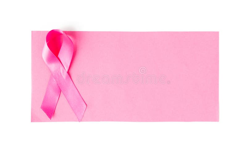 Healthcare, charity, symbolics, oncology and medicine concept - close up of pink cancer awareness ribbon on blank paper sheet. Healthcare, charity, symbolics, oncology and medicine concept - close up of pink cancer awareness ribbon on blank paper sheet