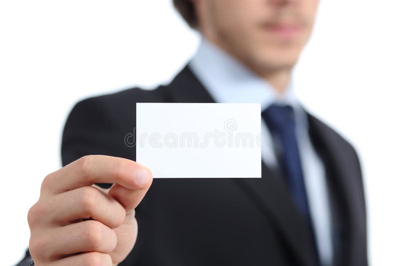 Feche acima de uma mão do homem de negócios que guarda um cartão imagem de stock royalty free Feche acima de uma mão do homem de negócios que guarda um cartão imagem de stock royalty free