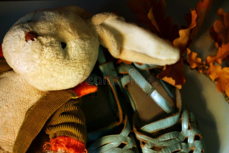 Feche acima em um brinquedo enchido velho do luxuoso do coelho que encontra-se em um par de sand?lias coloridas pasteis p?lidas imagens de stock Feche acima em um brinquedo enchido velho do luxuoso do coelho que encontra-se em um par de sand?lias coloridas pasteis p?lidas imagens de stock