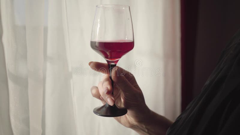 Fecho da elegante mão caucasiana, segurando vidro com vinho tinto Mulher com manicura elegante com vidro
