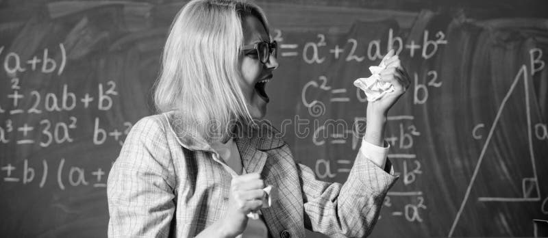 Fed up of fails. Trial and error is fundamental method of problem solving. Teacher screaming face holds pieces of paper royalty free stock images Fed up of fails. Trial and error is fundamental method of problem solving. Teacher screaming face holds pieces of paper royalty free stock images