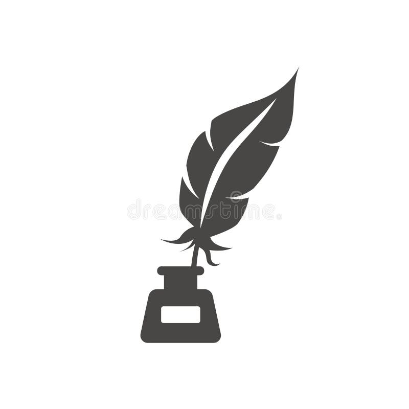 Federkiel mit Tintenfassschwarz-Vektorikone. Feder mit Tintenfass. stock abbildung