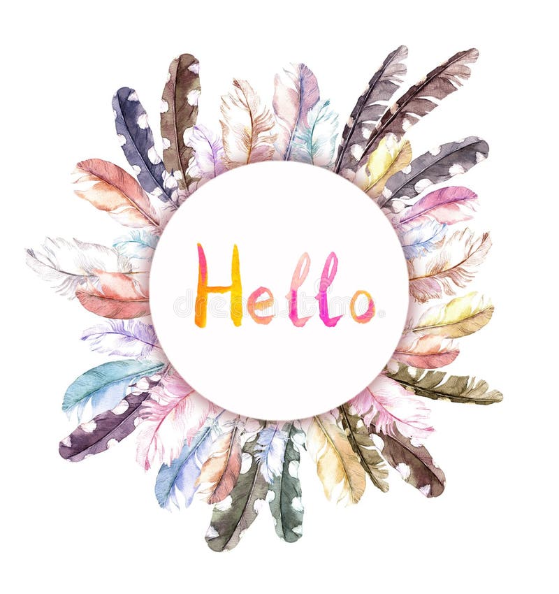 Federkranzrahmen mit hallo Wort watercolor stock abbildung Federkranzrahmen mit hallo Wort watercolor stock abbildung