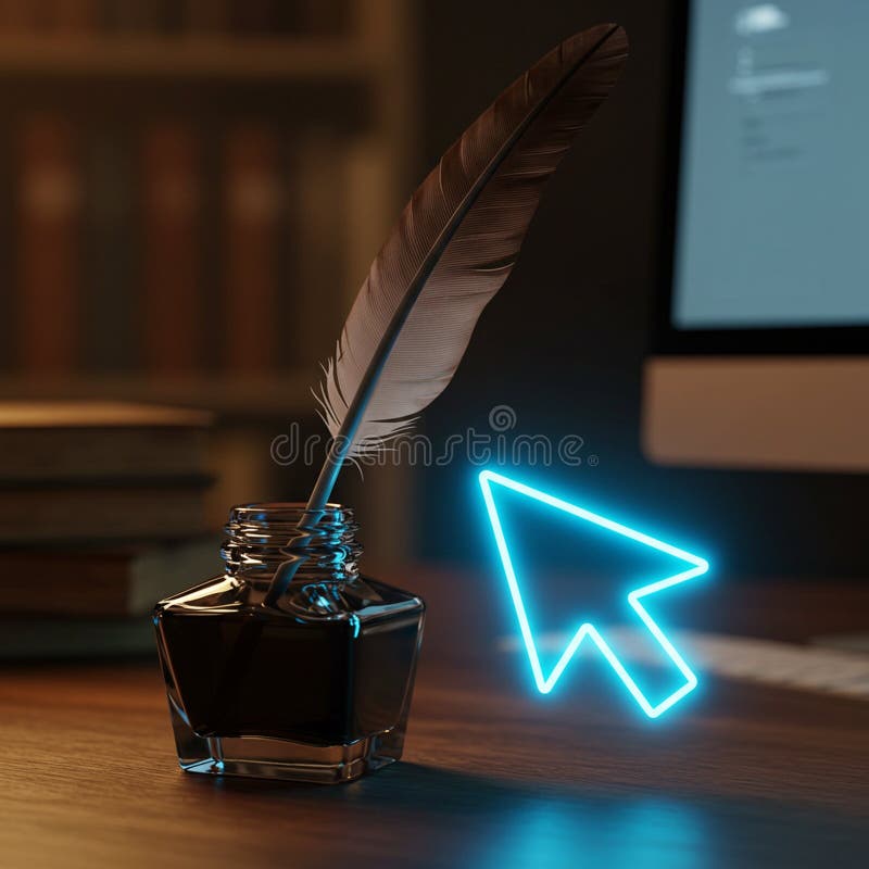 Federquill in einer Tintenflasche auf einem Holzschreibtisch neben einem hellen blauen Computer stock abbildung