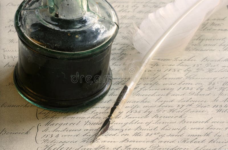 Federspulefeder und Tintenfaß stockfotos Federspulefeder und Tintenfaß stockfotos
