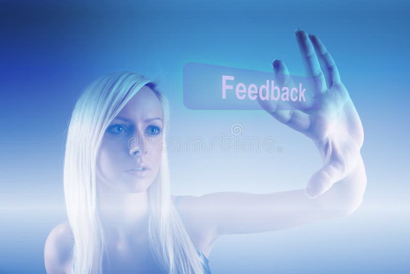 Feedback process, girl touching feedback button. Feedback process, girl touching feedback button