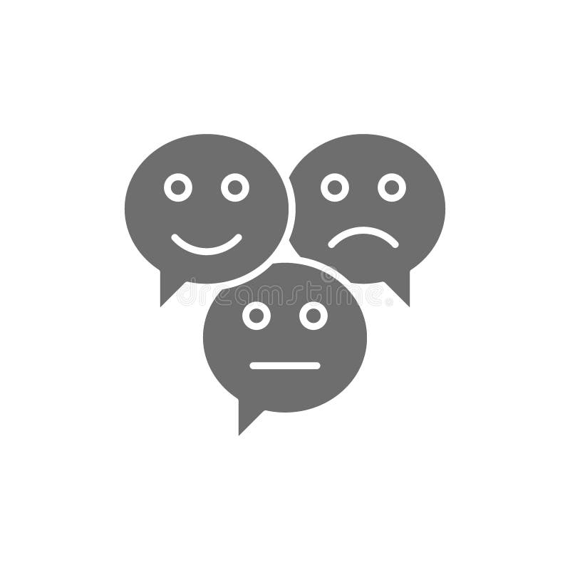 Person with speech bubble and sad face gray icon. Feedback