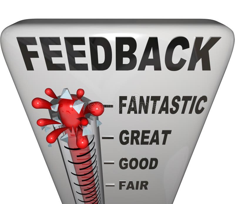 The word Feedback on a thermometer measuring customer or audience response to a product, event, initiative or announcement. The word Feedback on a thermometer measuring customer or audience response to a product, event, initiative or announcement