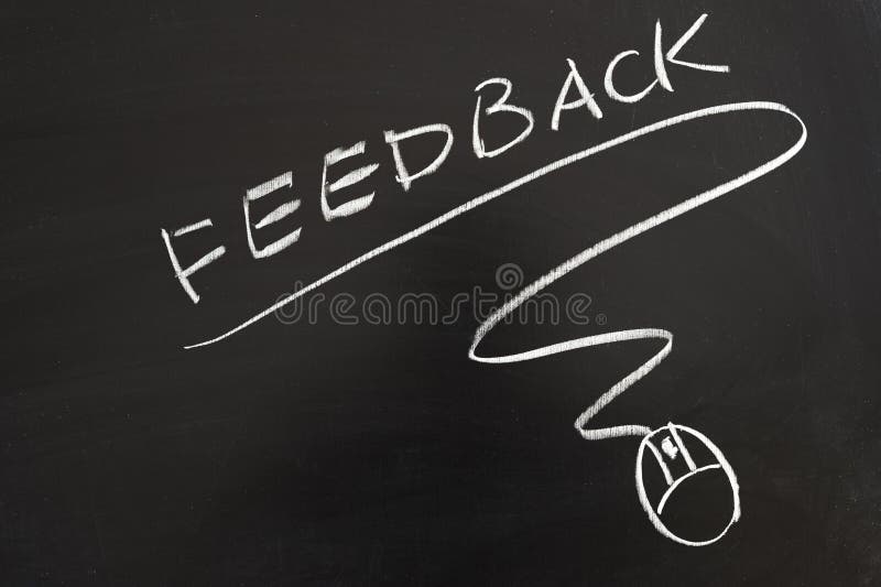 Feedback word and mouse symbol drawn on the blackboard. Board survey stock images, royalty-free photos and pictures