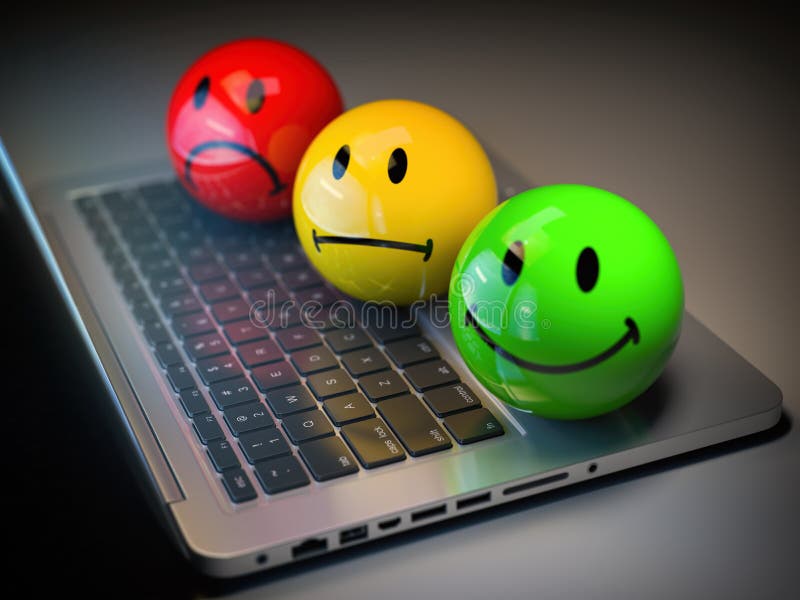 Feedbackbewertungskonzept des Kundendiensts h Farbige Lächeln Emoticons auf Laptoptastatur