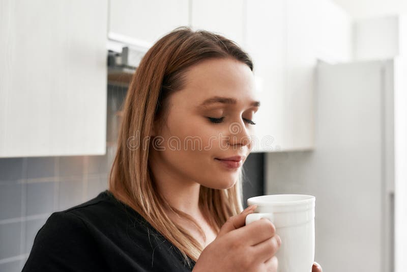 Feel Good with Coffee. Close Up of Young Curvy Woman Closing Her Eyes ...