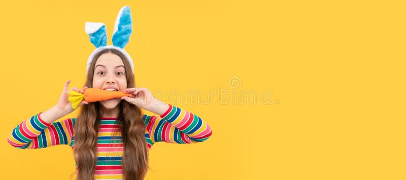 feel the hunger. easter bunny hunt. just having fun. happy childhood. bunny kid bite carrot. Easter child horizontal poster. Web banner header of bunny kid, copy space