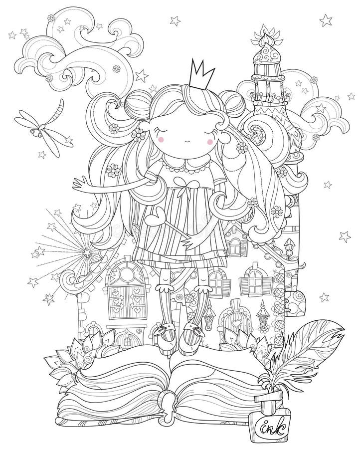 Feenhaftes Mädchen netter Prinzessin des Vektors in der Krone. Vector feenhaftes Mädchen netter Prinzessin in der Krone von der Geschichtenmagie Vektorlinie Zenkunstillustration Skizze für Postkarten- oder Druck- oder Farbtonerwachsenbuch Hand gezeichneter Freistil