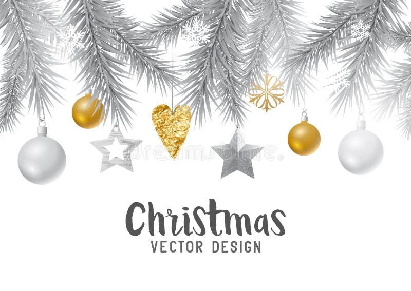 Festive gold and silver christmas background with fir branches, decorations and baubles. Vector illustration. Festive gold and silver christmas background with fir branches, decorations and baubles. Vector illustration