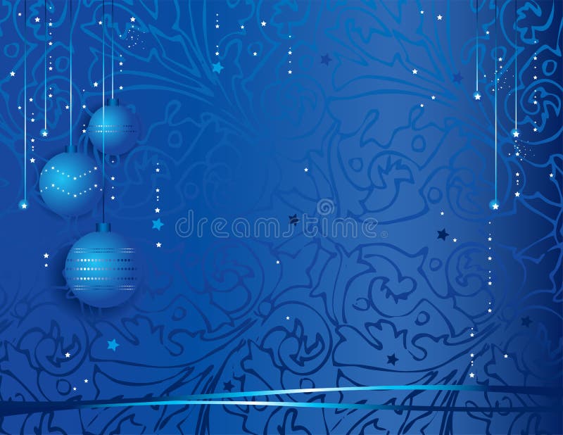 Vector illustration of a festive christmas background with decorative globes and ribbons on blue. Vector illustration of a festive christmas background with decorative globes and ribbons on blue