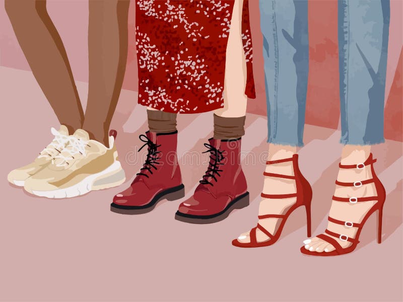 Feet of Girls in Different Shoes. Sneakers, Shoes, Boots Stock Vector -  Illustration of elegance, clothing: 227655721