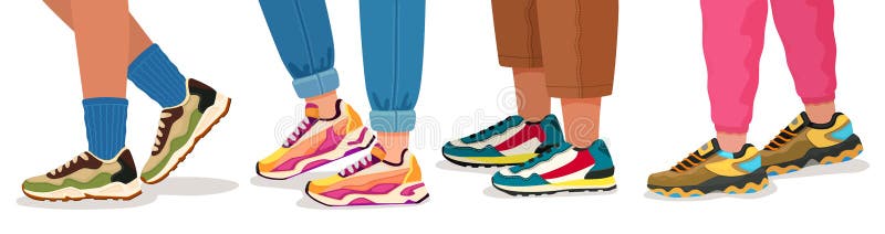 Feet in sneakers. Female and male walking legs in sport shoes with socks, pants and jeans. Trendy fashion fitness