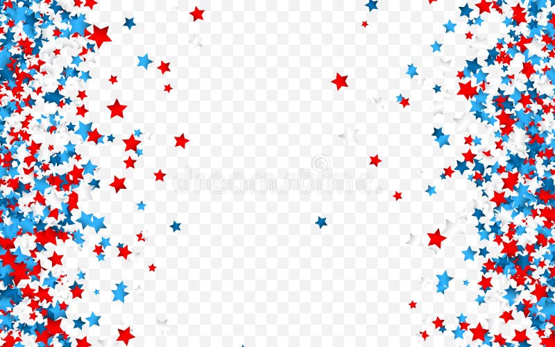 Feierkonfettis in den nationalen Farben aus den USA. Feiertagskonfettis in uns am 4. juli Unabhängigkeitstaghintergrund