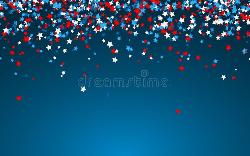Feierkonfettis in den nationalen Farben aus den USA. Feiertagskonfettis in uns am 4. juli Unabhängigkeitstaghintergrund